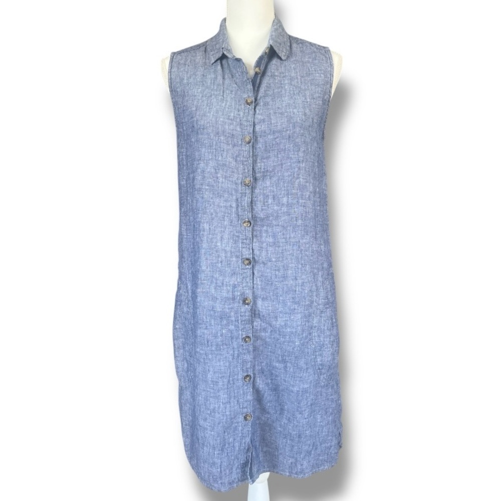 Adrienne Vittadini 100% Linen Sleeveless Button Front Midi Dress Blue Chambray M